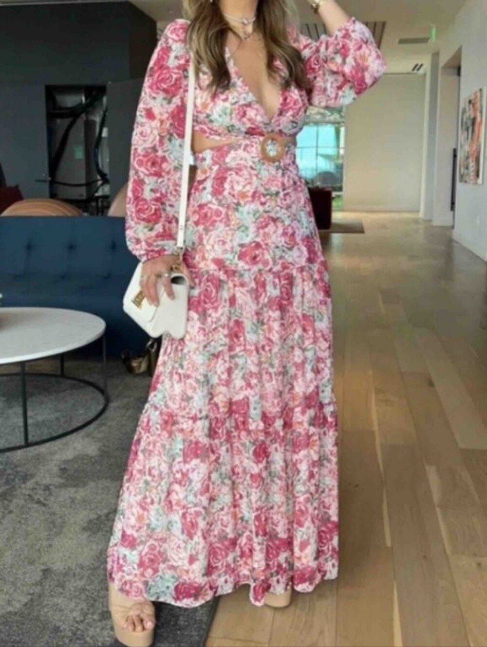 Gianni Bini Cut Out Floral Long-Sleeve Maxi Dress